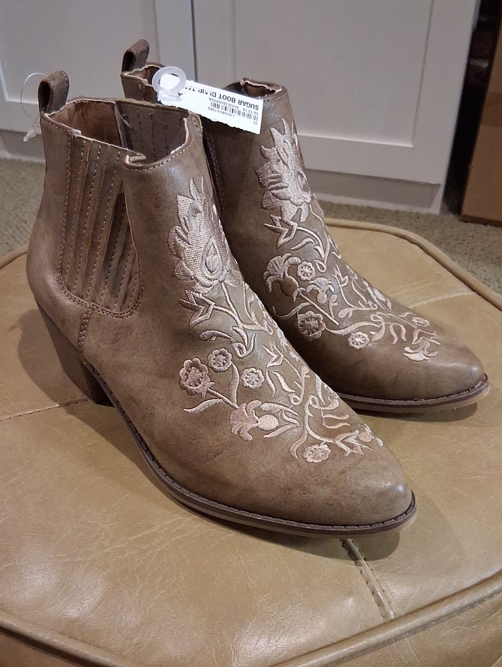 Sugar Taupe Embroidered Ankle Booties
